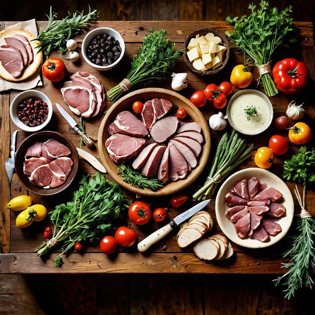 A rustic wooden table set with an array of gourmet artisan meats, surrounded by fresh herbs and vibrant vegetables, reflecting the journey from farm to table. Include a farmer's basket with various meats and a chef's knife, highlighting craftsmanship and fresh sourcing. Warm, inviting lighting enhances the farm-to-table atmosphere. super-realistic. vibrant colors. rustic style.