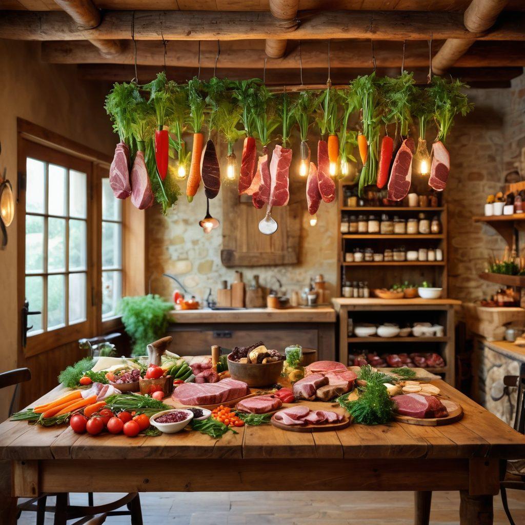A beautifully arranged dining table featuring a variety of premium artisan meats, garnished with fresh herbs and colorful vegetables. The background showcases a rustic butcher shop with hanging meats and tools, creating an inviting atmosphere. Soft, warm lighting enhances the gourmet presentation, inviting the viewer to indulge. The scene embodies sustainability with eco-friendly elements like bamboo utensils and natural materials. super-realistic. warm tones. rustic charm.