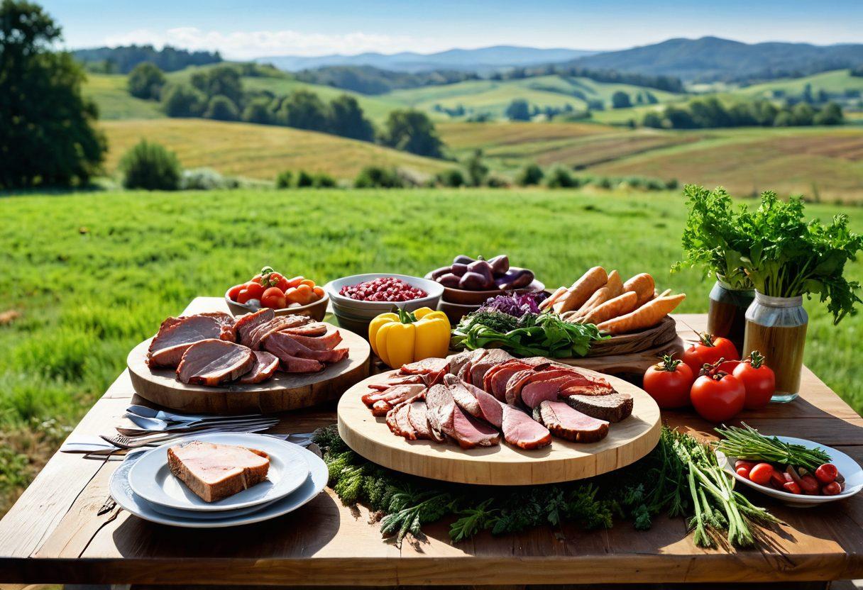 A beautifully arranged farm-to-table dining scene featuring an array of premium, locally raised meats displayed on a rustic wooden table, surrounded by vibrant seasonal vegetables and herbs. In the background, a picturesque farm landscape with rolling hills and a clear blue sky, symbolizing sustainability and fresh produce. Soft, warm lighting enhances the inviting atmosphere. super-realistic. vibrant colors. natural lighting.